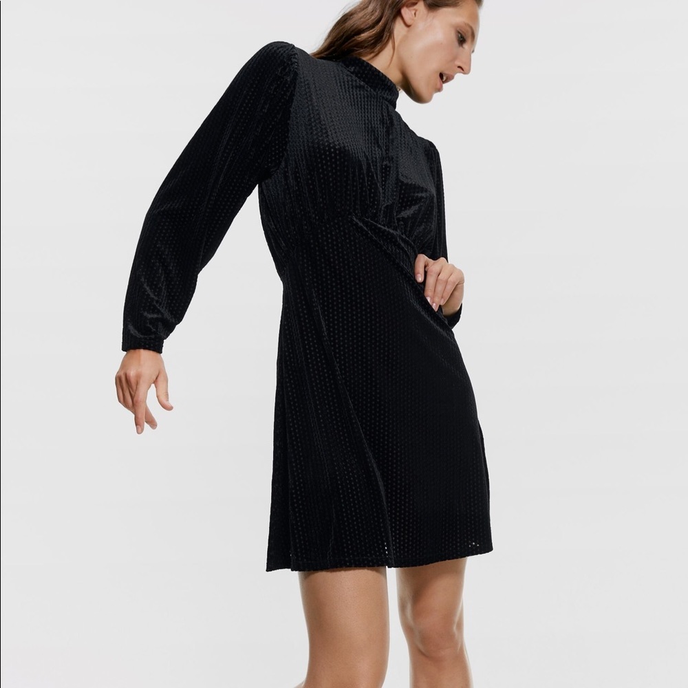 ZARA PRINTED VELVET BLACK DRESS HIGH COLLAR BRAND NEW WITH TAGS SMALL